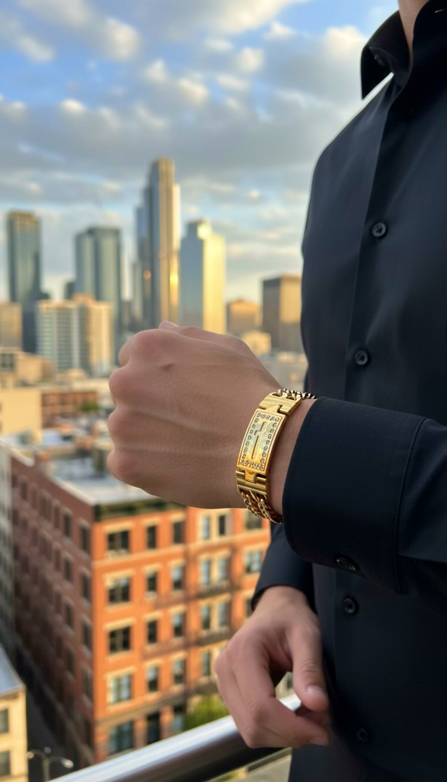 Men’s 14K Gold Plated Cross Bracelet – Luxury Dual Cuban Link